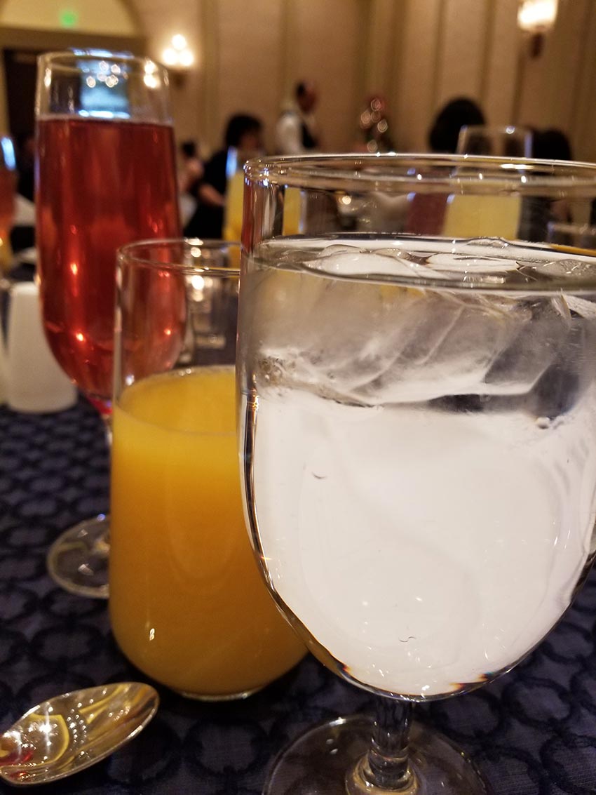 pomegranate mimosa, orange juice, tea, traditional mimosa
