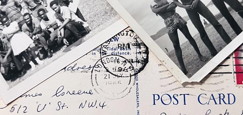 Image of several old photos on top of a post card from 1965.