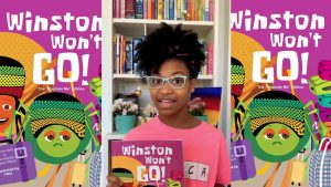 image of a girl wearing glasses holding up a purple book with the title winston won't go